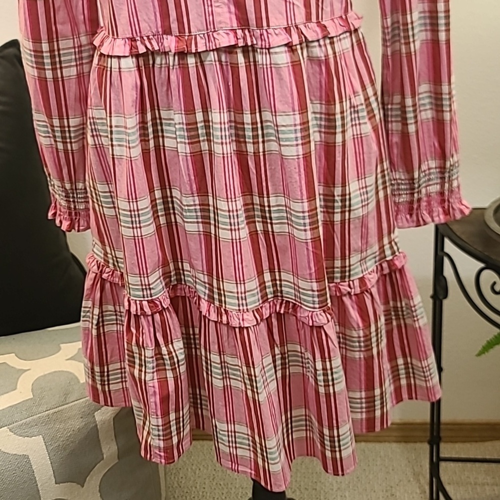 J Crew NWT Plaid Mini Dress Ruffle Trim Sweet Briar Marine Salt Pink - Picture 7 of 10